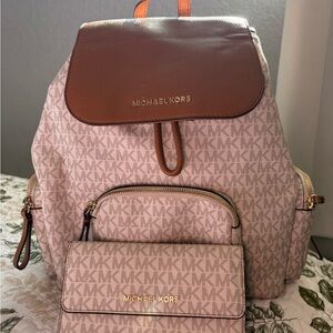 Michael Kors Cream and Brown Backpack with Wallet